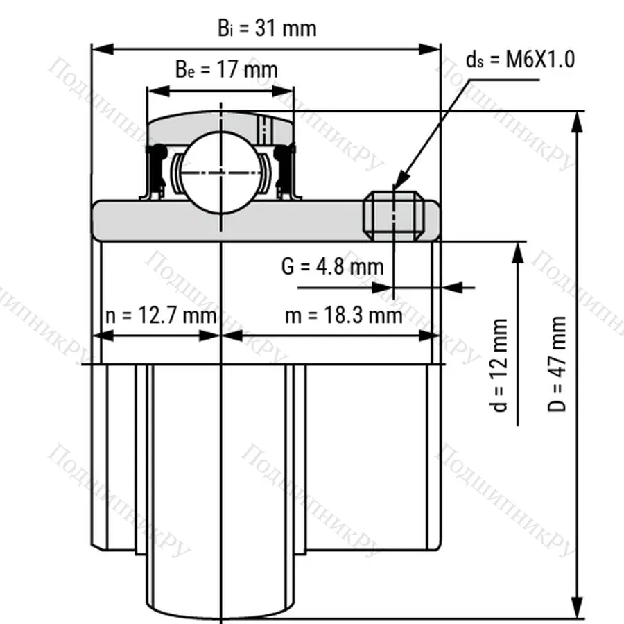 Радиальный шарикоподшипник из нержавеющей стали SS UC 201 - Вал 12мм